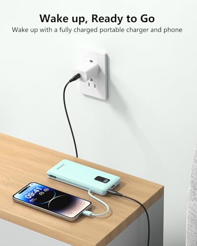 Charmast Portable Charger with Built-in Cables and Wall Plug, 10000mAh USB C Power Bank Fast Charging 15W, External Battery Pack Slim, Travel Essentials Compatible with 15 14 13, Samsung Galaxy, iPad