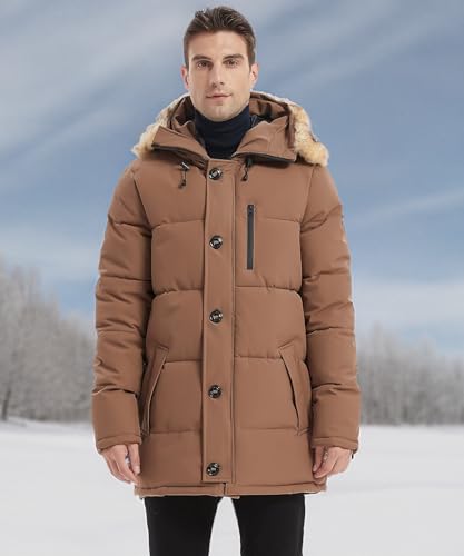 PUREMSX Winter Jacket for Men, Winter Warm Thick Windproof Puffer Outdoor Hiking Snow Padded Coat Clearanc,Camel,X-Small