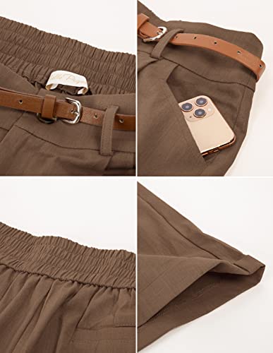 Womens Summer Linen Shorts Khaki Bermuda Shorts with Belts Paper Bag Shorts (Khaki, S)