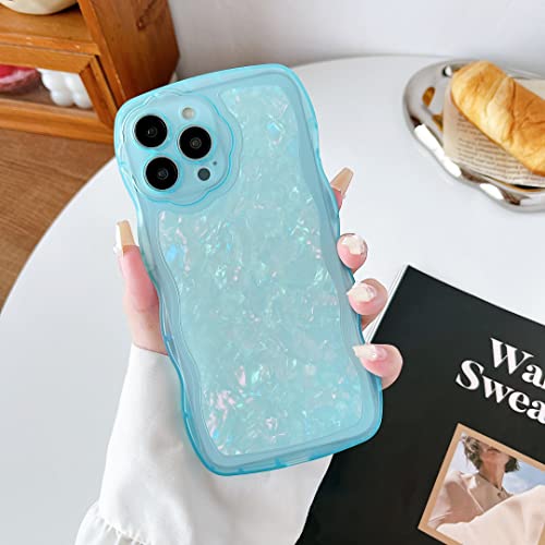 Qokey Clear Cute Flower Design Lens Glitter Shell Pattern Case with Wave Curly Frame,Soft Slim Shockproof Anti-Fingerprint Dirt-Resistance Compatible with iPhone Case(Blue,for iPhone 13 Pro Max)