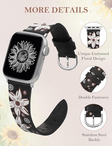 Minyee Leather Band Compatible with Apple Watch Band 38mm 40mm 41mm Women, Dressy Designer Embossed Black Leather Wristband Sunflower Pattern Strap for iWatch Ultra 2, Series 9/8/7/6/5/4/3/2/1/SE