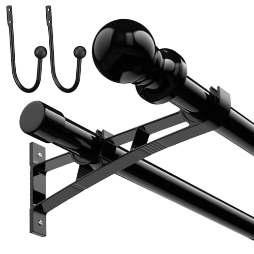 Double Curtain Rods 28 to 44 Inch Black 1 Inch Heavy Duty Dual Curtain Rod Set for Windows Drapery Rod Splicing Rods Adjustable Decorative Curtain Rod for Bedroom, Window, Patio, Sliding Glass Door
