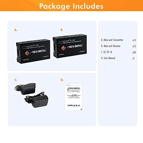HDMI Extender 1080P 60Hz Over Single CAT 5e/6 Up to 200ft. | Deep Color, EDID Copy, Zero Signal Loss | Pack of 12 by J-Tech Digital [JTDHDEX-1]