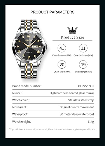 OLEVS Men Watches Business Dress Diamond Analog Quartz Date Luxury Wrist Watch Black Casual Stainless Steel Waterproof Luminous Two Tone Watch for Men