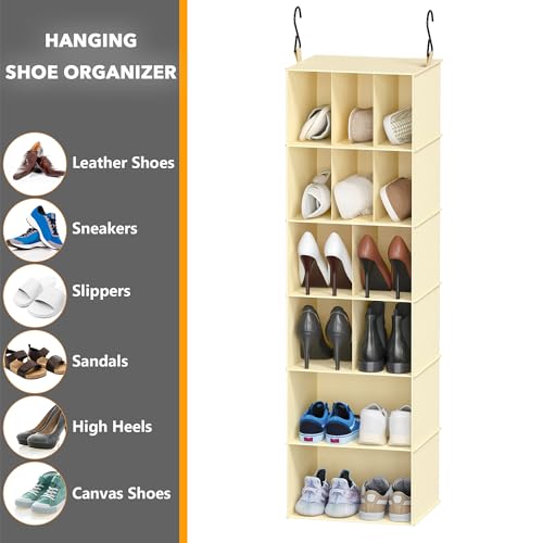 SpaceAid 2 Pack Hanging Closet Organizer and Storage with Dividers, 24 Compartments Hanging Shoe Shelves for Closet, Wardrobe, RV, Garment Rack - Beige