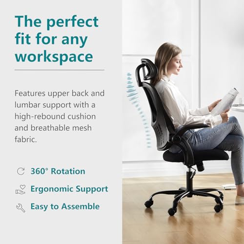 SMUG Office Desk Computer Chair, Ergonomic High Back Comfy Swivel Gaming Home Mesh Chairs with Wheels, Lumbar Support, Adjustable Headrest,Comfortable Pillow,Soft Arms,120°tilt for Bedroom,Study,Black
