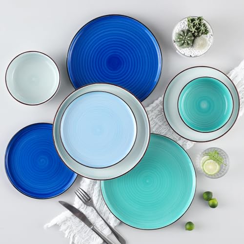 vancasso Bonita Blue Dinnerware Sets, Plates and Bowls Set for 4, 12 Pieces Stoneware Dinnerware Set, Dishwasher and Microwave Safe