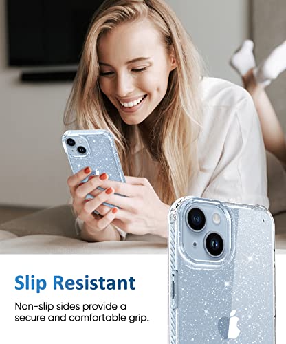 MIODIK Compatible with iPhone 14 Case with Screen Protector + Camera Lens Protector, [Non-Yellowing] Clear Glitter Phone Case, Protective Shockproof Women Cover for 6.1 Inch - Sparkle Clear