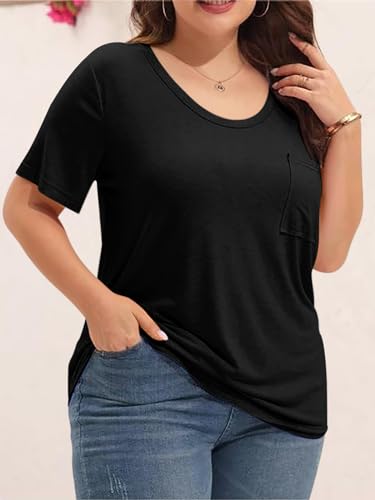 Womens Plus Size Tunic T Shirts Short Sleeve Round Neck Soft Loose Shirts Summer Casual Tops with Pocket Brown