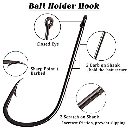 AGOOL Baitholder Fishing Hooks, 50/150pcs Bait Holder Hooks Barbed Shank Beak Long Shank Hooks Offset Shank with 2 Barbs J Hooks Snelled Hooks Bait Keep Hooks for Saltwater Freshwater Fishing