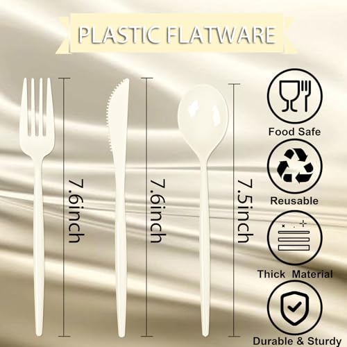 Supernal 180pcs Plastic Silverware Heavy Duty Ivory Plastic Utensils Cutlery Disposable Beige Plastic Cutlery Include 60 Plastic Forks,60 Plastic Knvies,60 Plastic Spoons for Party,Wedding