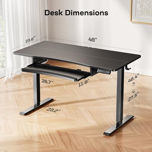 HUANUO 48" x 24" Electric Standing Desk with Large Keyboard Tray(26.7"), Adjustable Height Stand Up Desk for Home Office, 4 Memory Height Settings, 2 Headphone Hooks, Computer Workstation, Black