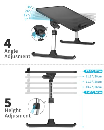 SAIJI Leather Laptop Bed Tray Table, Adjustable Laptop Stand with Removable Stopper, Portable Lap Desks with Foldable Legs, Notebook Stand Breakfast Reading Desk for Sofa Couch(Large,Black)