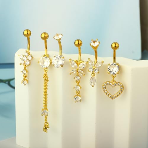 TIANCI FBYJS Surgical Stainless Steel Gold Belly Button Ring for Women 14G Dangle Navel Piercing Jewelry with Heart Flower Butterfly heart Flower Cute Dangling Curved Belly Rings
