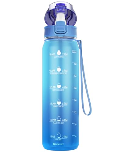 Sahara Sailor Water Bottle with Straw, 32oz Motivational Water Bottles with Time Marker, Sports Water Bottle with Silicone Spout, Tritan, BPA Free, Leakproof Bottle with Wide Mouth