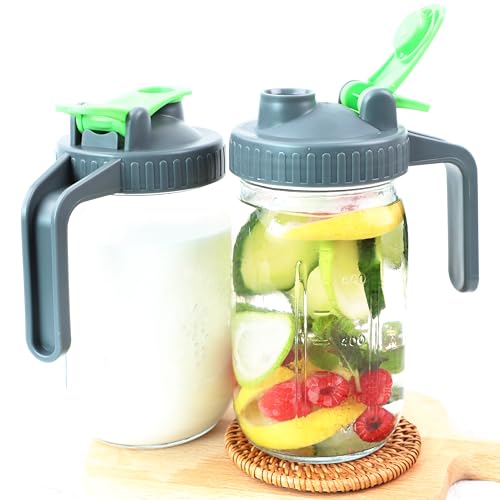 Glass Mason Jars Pitcher 1 Quart (2 Set) Breastmilk Formula Pitcher For Fridge 32 Oz Wide Mouth Jugs With Top Flip Cap & Pour Spout For Cold Coffee, Sun Tea Airtight Storage & Leakproof