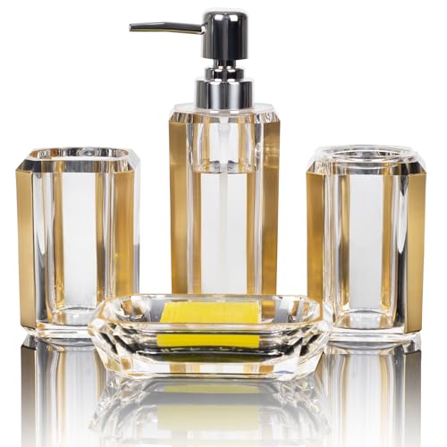 4-Piece Premium Acrylic Bathroom Accessory Set-Hand Sanitizer Bottle Lotion Can Bathroom Suit Separate Bottle Soap Box Mouthwash Cup Toothbrush Cup (Brushed Black)