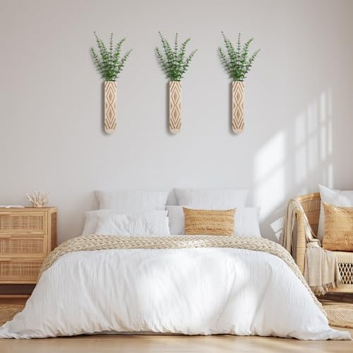 Wall Planter for Indoor Plants, 3 Pack Geometric Hanging Planter, Wood Wall Vase for Decor Artificial Flower Plants, Boho Wall Decor for Living Room, Bedroom