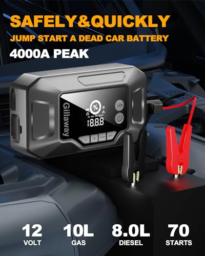 Q11 4000A Car Jump Starter with Air Compressor Combo 150PSI, Portable Car Battery Jump Starter Battery Pack (10L Gas/8.0L Diesel), Car Battery Charger Jump Starter Tire Inflator LED Light (4000A)