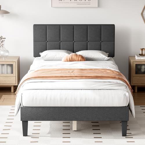 DUMOS Wood Platform Twin Bed Frame - Linen Upholstered Bed with Headboard, No Box Spring Needed, 800LBS Sturdy Wooden Slats Support for Heavy Duty, No-Noise, Mattress Foundation, Dark Grey