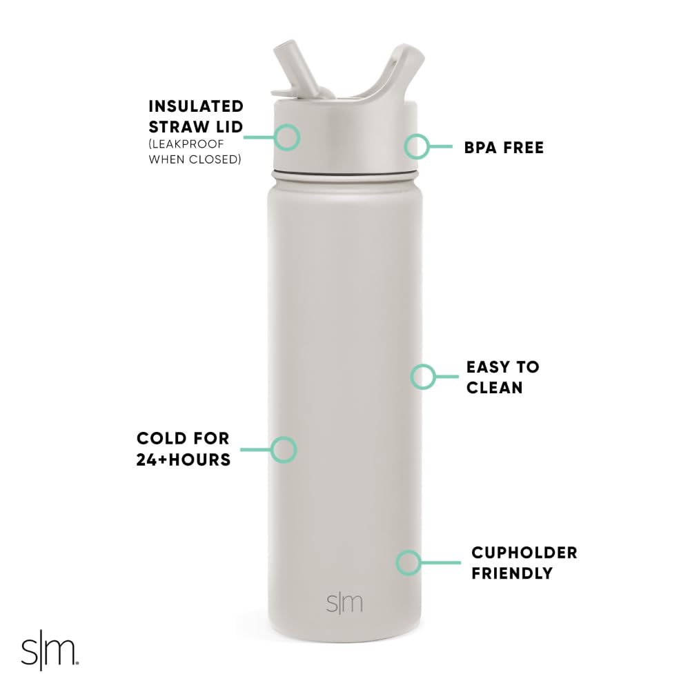 Simple Modern Water Bottle with Straw Lid Vacuum Insulated Stainless Steel Metal Thermos | Reusable Leak Proof BPA-Free Flask for Gym, Travel, Sports | Summit Collection | 22oz, Almond Birch