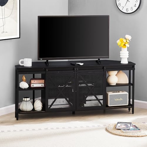 HOMISSUE Corner TV Stand, Rustic Corner TV Stand for 55/60 Inch TV, Industrial TV Stand with Storage, Corner Entertainment Center with Sliding Barn Door, Corner TV Console for Living Room, Black