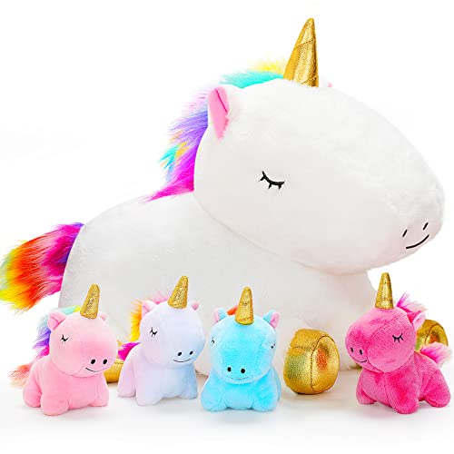 KMUYSL Toys for Girls Ages 3 4 5 6 7 8+ Years - Unicorn Mommy Stuffed Animal with 4 Baby Unicorns in Her Tummy, Soft Unicorn Plush Toys Set, Christmas Birthday Gifts for Baby, Toddler, Kids