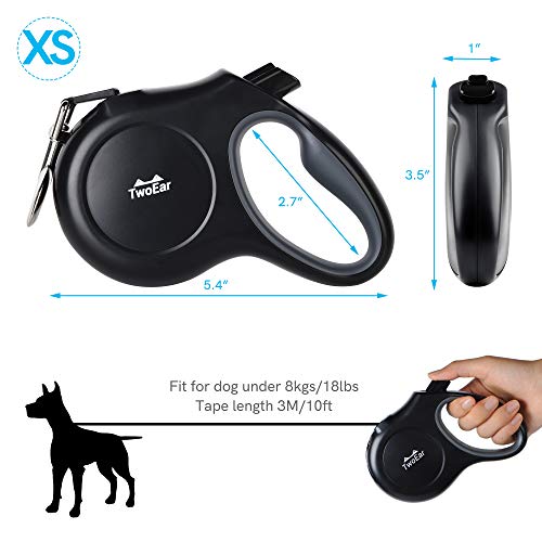 TwoEar Retractable Dog Leash with Dispenser and Poop Bags, 10 ft Heavy Duty Pet Walking Leash for X-Small/Small Breed up to 18 lbs, Strong Reflective Nylon Tape with Anti-Slip Handle