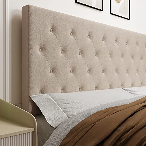 Allewie Full Size Bed Frame with Adjustable Headboard/Diamond Stitched Button Tufted/Fabric Upholstered Platform Bed Frame/Wood Slat Support/No Box Spring Needed/Easy Assembly, Beige