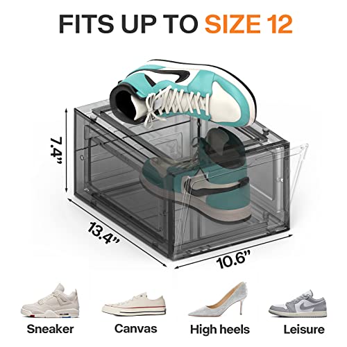 TVKB 6 Pack Drop Front Drop Front Large Shoe Organizer Stackable Shoe Storage Sturdy Hard Plastic Shoe Box with Magnetic Front Door for Closet, Easy Assembly, Fit Up to Size 12, Black