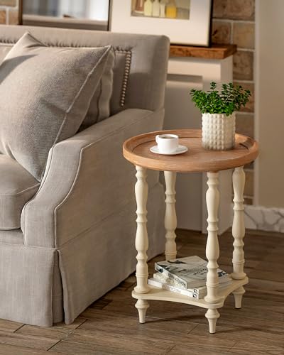 VONLUCE French Country End Table, 19'' Round Farmhouse Side Table, Distressed Wood Tray Top Rustic Accent Table for Living Room Bedroom, Small Space, Beige