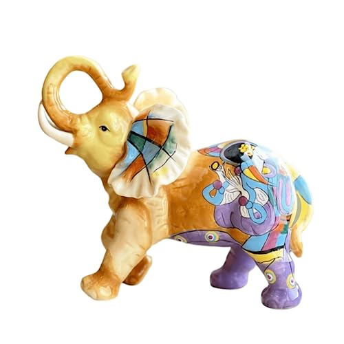 FORLONG Ceramic Collectible Figurines Statue，3D Hand-Painted Rural Scenery Elephant with Trunk Raised statue Decoration（Large）