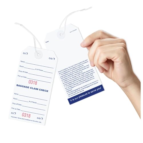 1000 Baggage Claim Check Tags with Red Numbering from 0001 to 1000. Elastic Strings Attached to Each tag with Reinforced Eyelet Around Hole Prevents Tearing. Size: 5 1/4" (Height) x 2 5/8" (Width)