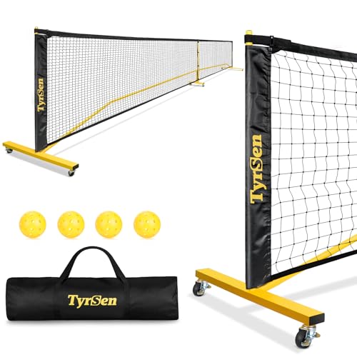 TYRSEN Portable Pickleball Net on Wheels, 22FT Pickleball Net for Driveway Backyard, 18-Ply PE Net, Weather Resistant Metal Frame Pickle Ball Net System for Indoor & Outdoor