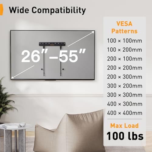 Perlegear Studless TV Wall Mount for Most 24-55 Inch TVs up to 100 lbs, No Stud TV Mount, Drywall TV Bracket with Max VESA 400x400mm, No Drill, Easy Install, Low Profile, PGMT7