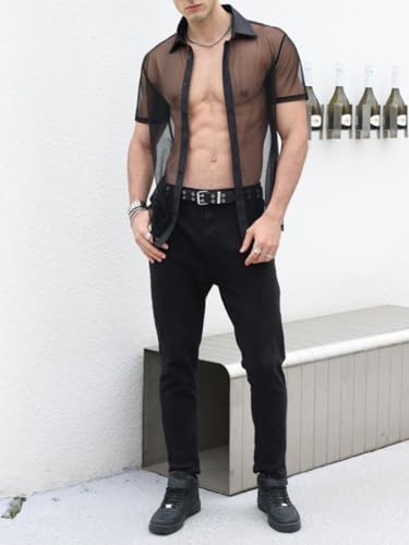 Verdusa Men's Sheer Mesh Button Up Shirt See Through Short Sleeve Top Black X-Small