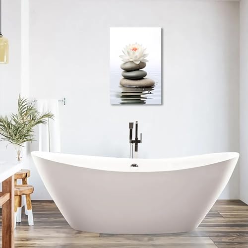 QIXIANG White Lotus Flower Canvas Wall Art Zen Stone Lotus Reflected on the Water Picture Prints for Serene Home Zen Enthusiasts Home Framed(Lotus-A,12.00" x 18.00")