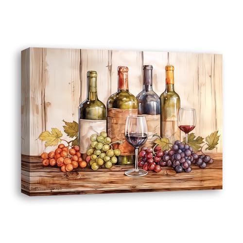DOARTDO Wine Wall Art Canvas Wall Print Kitchen Neutral Red Wine Picture Vintage Wine Painting for Restaurant Bar Home Decor Frame (Wine - 1, 12.00" x 18.00")