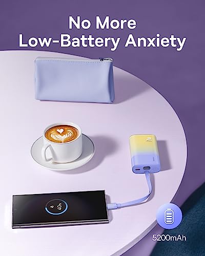 Baseus Power Bank Mini, PD 20W Fast Charging, 5200mAh Portable Charger, Built-in USB-C Cable, Lightweight, USB-C Port, Cute & Handy, Compatible with Galaxy, Sony and Google Type-C Devices (Purple)