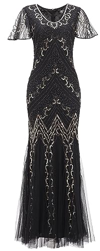 1920s Short Sleeve Sequin Gatsby Maxi Long Evening Prom Mermaid Hem Cocktail Dress w/Accessories Set Black Gold