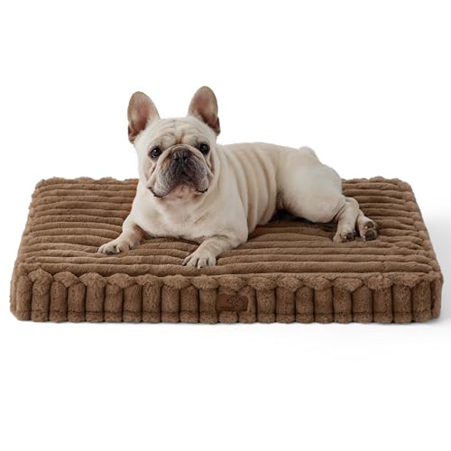 Bedsure Orthopedic Dog Bed for Medium Dogs, Cute Waterproof Egg Foam Dog Beds with Removable Cover, Corduroy Fleece Comfort Furry Dog Mats for Indoor Dogs (30x20, Copper Brwon)