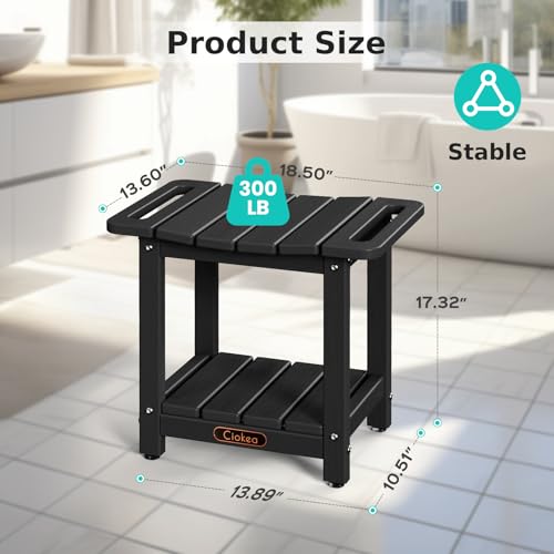 Ciokea Shower Bench for Inside Shower, Waterproof Plastic Shower Stool for Shaving Legs with Storage Shelf, HDPE Shower Bath Tub Benches for Bathroom, Indoor or Outdoor Use, Black