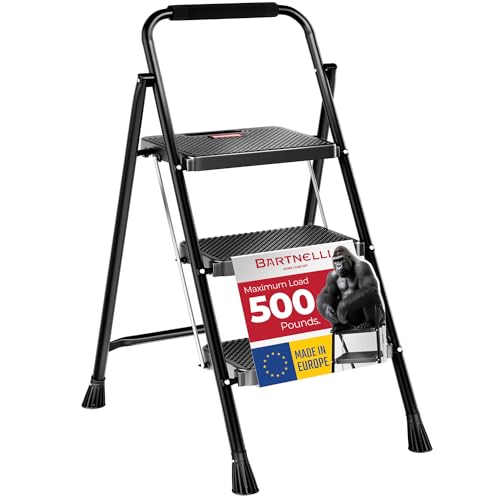 Bartnelli Pro Luxury Step Ladder | European Made 3 Step Foldable Step Stool for Home | Rock-Solid 500 lb Capacity,Built to Last with Highest-Grade Sturdy Steel Construction,Soft Handle, Anti-Slip Feet