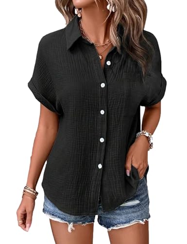 Zontroldy Women's Spring Summer Button Down Shirts Collared V Neck Short Sleeve Blouse Tops(0533-Black-S)