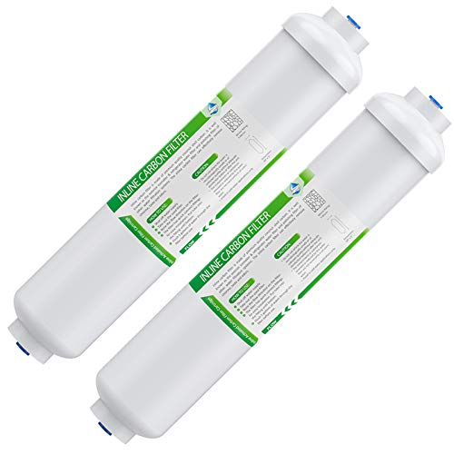 Membrane Solutions T33 Inline Water Filter, 2-Pack 1/4" Quick-Connect Replacement Cartridges for Refrigerator & Ice Maker, Post-Carbon Filter for Reverse Osmosis Systems
