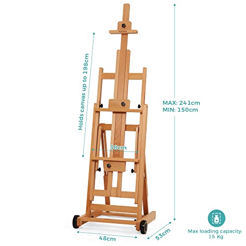VISWIN Studio H-Frame Easel, Tilting Flat & Adjustable Beech Wood Art Easel for Painting, Movable Large Easel Stand for Adults, Artists, Hold 1 or 2 Canvas up to 78" - Natural