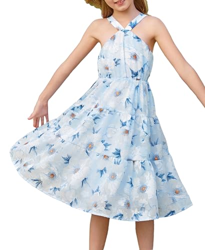 GRACE KARIN Girls Formal Dress Kid Off Shoulder Sleeveless A-line Midi Spring Summer Dress Blue Jacquard 5-6Years