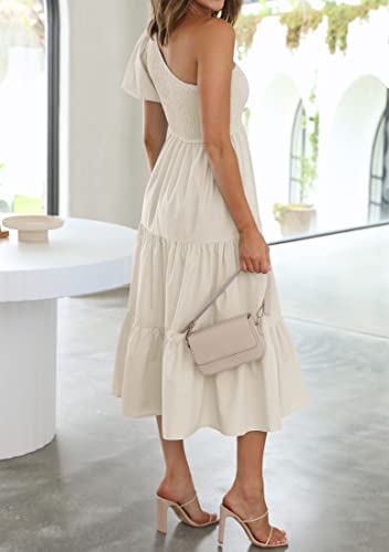 ZESICA Women's 2024 Boho Summer One Shoulder Short Sleeve Smocked Side Split Ruffle Swing Midi Dress White