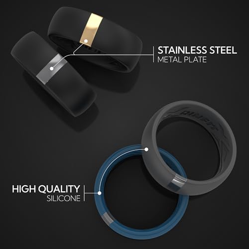 Rinfit Silicone Wedding Band Men - Classic Rounded Rubber Ring with Stainless Steel Metal Line - MetalBar Design Patent Pending - Black/Gunmetal Gray, Size 7.5-8
