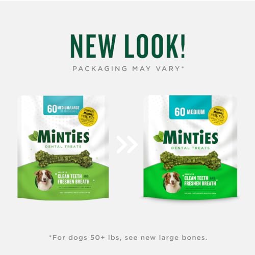 Minties Dental Chews for Dogs, 40 Count, Vet-Recommended Mint-Flavored Dental Treats for Medium Dogs 25-50 lbs, Dental Bones Clean Teeth, Fight Bad Breath, and Removes Plaque and Tartar